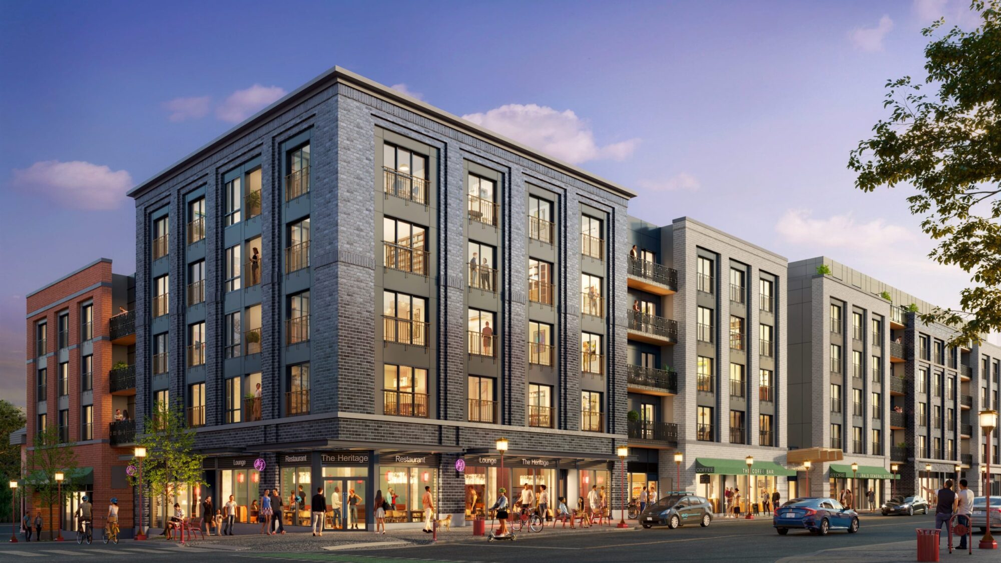 Exterior rendering of Spencer Block rental homes with street-level shops and cafés in downtown Victoria